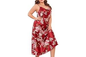 ZEIAYUAS Satin Nightdress Women Ladies Floral Print Nightwear Plus Size Sexy Lingerie Comfy Soft Pyjamas Silk Nighties Camis Chemises V Neck Sleepwear Sexy Negligee