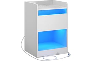 KIMENICH Table de Chevet pour Adulte, Table de Nuit avec 2 Bandes LED et Multiprise avec Port USB et Port USB C, Table d'appoint avec Tiroir, Bout de Canapé pour Chambre, Salon, Blanc