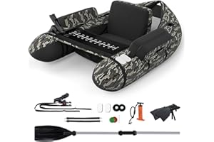 SPOTRAVEL Inflatable Fishing Float Tube, Fishing Boat with Pump, Adjustable Straps, Paddle, Rod Holder & Flippers, 150KG/330LBS Load Capacity Fly Fishing Belly Boat for Lake River