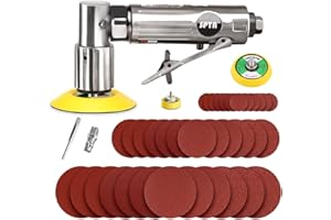SPTA mini ponceuse/polisseuse d'angle de pression d'air de ponceuse orbitale de argent droit long + 36 pièces tampon de ponçage de 25mm 50mm 80mm avec 3 Plaque de polissage Alimenté par air