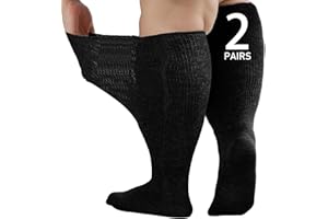 Orthostride Wide Diabetic Socks for Men Women Plus Size, Extra Long Edema Socks with Thickened Sole, Non-Binding Loose Fit Socks for Swollen Feet, Lymphedema - 2 Pairs Black