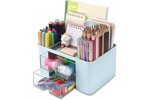 KAHEIGN Organizador de Escritorio con 2 Cajones, 19CM x 14CM Organizador de Escritorio Multifuncional Portalápices de Gran Capacidad Organizador de Maquillaje para Oficina Escuela Hogar Mesa (Azul)