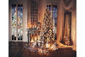 AIIKES 10x8FT Weihnachtsbaum Hintergrund Winter Indoor Fenster Öllampe Kerze Kamin Fotografie Hintergrund Frohes Neues Jahr Party Banner Hintergründe Photo Booth Studio Requisiten 11-771