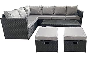 WOWCHER 8 Seater Rattan Corner Sofa Set Gunnersbury Weatherproof Garden Furniture L Shaped Sofa Glassed Topped Coffee Table Cushions with Removable Washable Covers Table Black