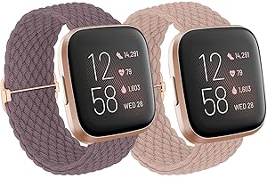 BXKM 2 Pack Braided Solo Loop Straps Compatible with Fitbit Versa 2/Versa/Versa Lite/Versa SE for Women, Adjustable Elastic Stretchy Nylon Sport Bracelet Watch Band
