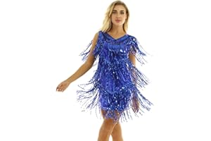 inhzoy Vestido de Baile Latino Lentejuelas para Mujer Vestido de Rumba Tango Salsa Samba Flecos Traje de Baile de Salón Disfraz de Fiesta Dancewear