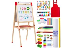 BLUE SQUID Chevalet Peinture pour Enfants 3 en 1 - Set 100+ Accessoires, Tableau Enfant Double Face avec Noir Magnétique, Chevalet Pour Enfant, Tableau Blanc Magnetique Enfant Sur Pied en Bois 3-4 4-8 9-12 ans
