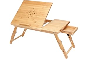 CASARIA® Table de lit Pliable Support Ordinateur Portable réglable inclinable Bambou Bureau de lit tiroir de Rangement