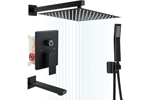 ROVOGO Concealed Shower System with 3-Way Diverter, 25 x 25 cm Overhead Rain Shower Head, Hand Shower and Bathtub Spout, All Metal Shower Mixer Tap Set Wall Mounted, Brass & Stainless Steel 304, Black