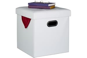 Relaxdays Pouf Contenitore, Sgabello Pieghevole Pelle Finta, Poggiapiedi Imbottito con Coperchio, HLP 39x37x37cm, Bianco