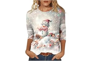 CHDIRNELY Christmas T Shirts for Women UK Crewneck Xmas Tops 3/4 Sleeve Tshirt Graphic Tees Dressy Shirts Santa Elk Snowflake Print Blouse 2024 Fashion Clothes