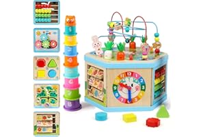 Jacootoys Wooden Activity Cube, 7-in-1 Wooden Activity Table Educational Centre Bead Maze Sorting Toy for Kids Babies Boys Girls