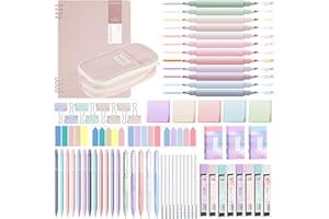 YIBONIKA 69 PCS Aesthetic School Supplies with Pink Pencil Case, 12 Pastel Highlighters, 5 Gel Pens, 12 Mechanical Pencils 0.5 & 0.7 mm, Notebook, Sticky Notes for School Office Stationery