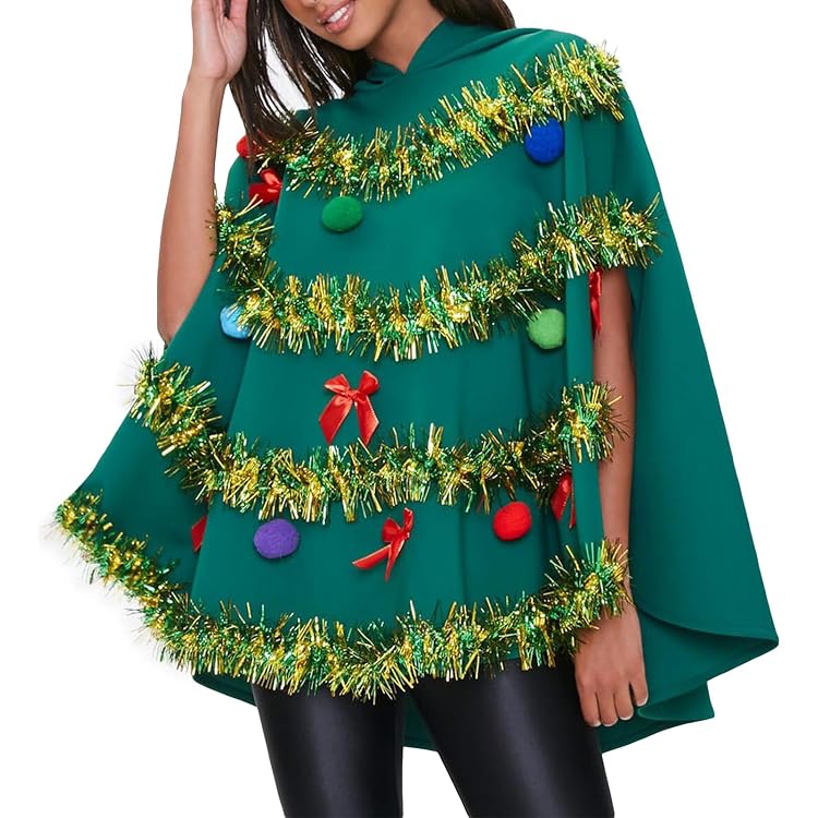 Produktbild von Acrawnni Weihnachtsbaum Umhang Für Frauen Poncho Kostüm Kappe Grün Schleife Ball Dekor Kapuze Umhang Umhang Party Prop Für Cosplay Party, A-grün, 36