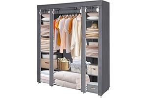 LONENESSL Large Fabric Canvas Wardrobe, Portable Foldable Zippered Open Closet, Clothes Storage Organiser with Hanging Rail, Shelves Wardrobe For Bedroom Living Room Cloakroom Storage, 150 x 45 x 175 cm, Grey