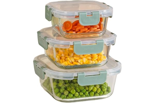Nestasia Nestro Airtight Glass Containers with Lid Set of 3 (300ml, 500ml, 800ml) Spill Proof Square Glass Containers with Break Free Lock - Microwave, Dishwasher & Freezer Safe (Green)