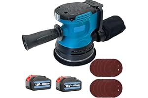 SQUAELTIRS Brushless Cordless Orbital Sander, Compatible with Makita 18V Battery, w/ 2 x 5.5AH Battery, 3 Variable Speeds(7500-15000 U/min), 12x 125mm Sanding Pad, for Sanding Polishing Wood