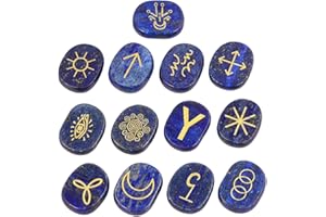 mookaitedecor 13pcs Lapis Lazuli Witches Runes Set, Reiki Stones Engraved Gypsy Symbol, Healing Crystal Palm Stone for Meditation Divination Spiritual Wiccan Gifts Witchcraft Altar Decor