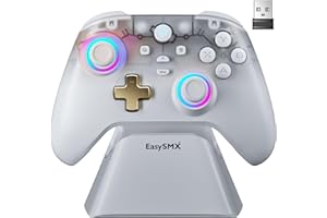 AKNES EasySMX D05 Manette de Jeu sans fil avec Dock de Chargement pour PC/Switch/iOS/Android, Joystick et Gâchettes à Effet Hall, 2 Boutons arrière Programmables, Taux d'Interrogation de 1000Hz(Blanc)