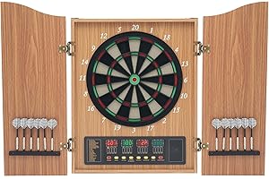 WOQLIBE Cible de fléchettes électronique avec 88 cibles de fléchettes et 4 voyants LED, portes d'armoire en bois avec tableau d'affichage intégré – Distributeur automatique de fléchettes (jaune)