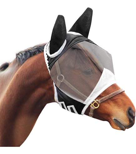 Masque Anti-mouches Pour Cheval Avec Protection Oreilles - Tissu Extensible Léger - Grand Champ De Vision - Pour Pâturage, équitation - 2 Masques Inclus
