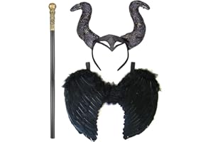 REDSTAR FANCY DRESS Disfraz de Bruja para Halloween - Complementos para Disfraz de Bruja para Mujer con Diadema de Cuernos, Bastón de Bruja y Alas Negras de Demonio para Fiestas de Disfraces