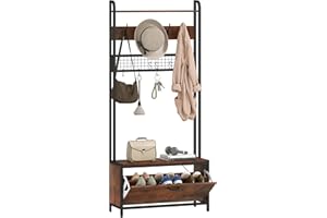 HOMCOM Coat Rack with Shoe Storage Bench and Grid Panel, Hall Tree, 5-In-1 Industrial Coat Rack Stand with Shoe Cabinet and 10 Hooks for Hallway, Entryway, Living Room, Rustic Brown