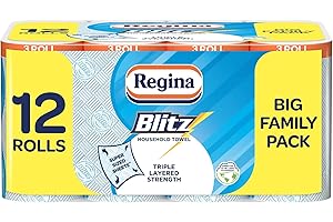 Regina Blitz Household Towels – 12 Triple Layered Rolls, 70 Sheets Per Roll, Recyclable-Paper Packaging, FSC Certified Paper, 60% Larger Than Standard Kitchen Roll Sheets