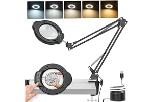 Jubor Ulepszone szkło powiększające ze światłem i stojakiem, 15 x 10 x lampa powiększająca z zaciskiem, lampa biurkowa LED z 5 trybami kolorów i 10 poziomami jasności, do majsterkowania hobbystycznego