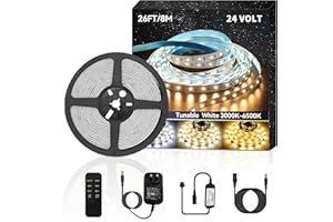BUNACET Taśma LED, 8 m, 24 V, możliwość ściemniania, ciepła biel, 3000 K – 6500 K, zimna biel, taśma świetlna, biała, 960 diod LED z pilotem zdalnego sterowania RF, zasilacz sieciowy do kuchni, szafy,