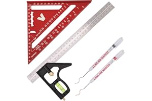 BOWEITI Zimmermannswinkel, Set aus 18 cm Dreieckslineal und 30 cm Kombinationen, inkl. Tieflochmarkierungen, hochpräzises Aluminium-Zimmermanns-Winkelmaß für Zimmerleute(Red)