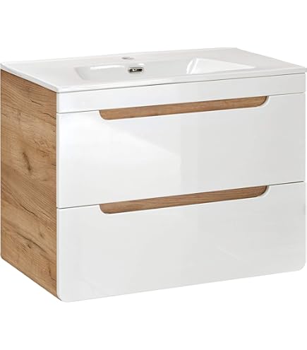 PERRI WIT LACQUER badkamermeubel L60 met geïntegreerde wastafel, spiegel en 2 zuilen