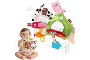 hahaland Baby Toys 6-12 Months, Baby Sensory Toy with Mirror, Soft Farm Animal Hand Puppet for Toddlers, Interactive Plush Toy with Teether & Crinkle Sounds, Montessori Learning Toy for Boys & Girls