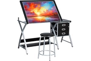 Yaheetech Adjustable Height Drawing Table, Artist Drafting Table with Tiltable Tabletop, Art Craft Desk for Artwork, Graphic Design, Reading