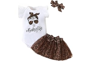 KONFEN Conjunto Ropa Bebe Niña Recien Nacido, Manga Corta Mono con Volantes + Estampado de Leopardo Malla Falda + Diademas Conjunto de 3 Piezas para Bebés 0-24 Meses