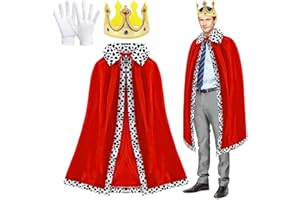 YAKLEE Adults King Cape Adults King Costume Set, 125cm King Robe Queen Robe with Crown and Gloves, Red Robe Cloak for King Queen, King Costume Set for Adult Red Cape for Halloween Fancy Dress Party Carnival