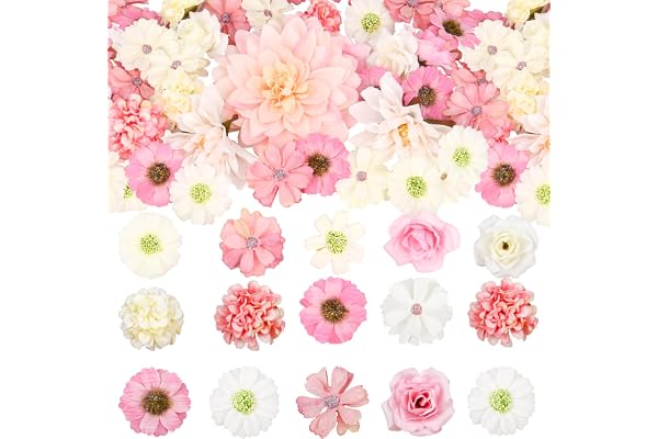 Olrla 50 st konstgjorda blomhuvuden i siden för tårtdekoration, brudbukett och dekorativa väggplattor för fest och bröllop