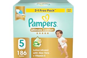 Pampers Ultimate Comfort Taped Diapers, Size 5, 11-16kg, Lotion infused with Aloe Vera and Vitamin E, x1000 Leak Locks Technology for Leakage Protection, Giga Box, 186 Count
