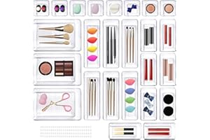 LOVICVKEM 25 Pz Organizer Cassetti, Organizer Cassetti Scrivania,Contenitori per Cassetti Trucchi Bagno, Organizer in Plastica Trasparente, Divisori per Cassetti Impilabili per Bagno, Cucina, Ufficio
