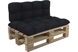 POKAR Set di Cuscini per Europallet Imbottito da 2 Pezzi: 1x Cuscino-Sedile 120x80cm + 1x Cuscino-Schienale 120x40cm, per Divano da Giardino, per Interno ed Esterno, Senza Pallet, Nero