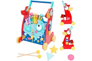 FORROBY Baby Walker, 2-in-1 Wooden Baby Walker with Rubber Tyres, Baby Walker with 10 Interactive Activities, Montessori Wooden Toy, Walker Baby from 6 Months