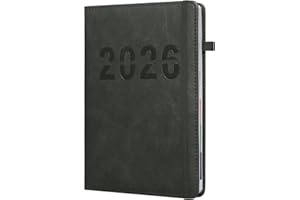 LROCOTANC Kalendarz 2026, dziennik A5, planer dzienny 21 x 14,8 cm, roczny planer na 12 miesięcy, jedna strona na każdy dzień, okładka z PU, z zakładką i uchwytem na długopis (Czarny)