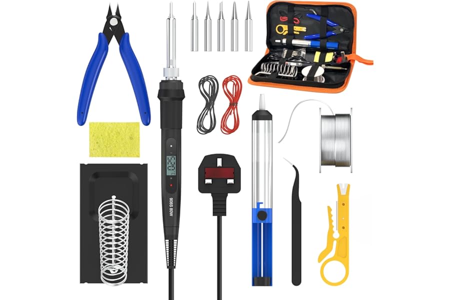 Soldering Iron Kit 80W, 15-in-1 LCD Adjustable Temperature 180-520°C Electric Soldering Iron with 5 Tips, Desoldering Pump, Solder Wire, Wire Stripper, Cutter, Stand, Tweezers & Case