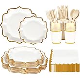 Anstore White Party Tableware 25 Guests 200 Vintage Gold Rim Paper Plates and Cutlery Disposable Exquisite Birthday Tableware