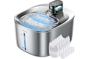 Fontanella per Gatti Senza Fili Acciaio A Batteria Con Sensore Di Movimento, FEELNEEDY 4 Litri Fontana d'Acqua Fresca Senza Corrente, Silenziosa, 4000mah, Con 6 Filtri e 12 Spugne