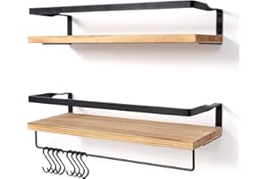 AGM Floating Shelves Wall Mounted Shelf, Wooden Wall Shelves Racking Set of 2 for Bedroom, Bathroom, Living Room, Kitchen Storage w/ 1 Towel Bar and 8 S Hooks, Max Load 33lbs