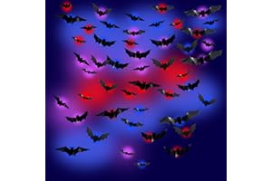 SUEWIDFAY Halloween Deko Fledermaus innen mit LED-Lichtern, 48 Stück 3D 10 x Größe Wandaufkleber, schreckliche Fledermäuse PVC gruselige Halloween-Dekoration für Zuhause, Wand, Fenster, Party, Raumdekoration