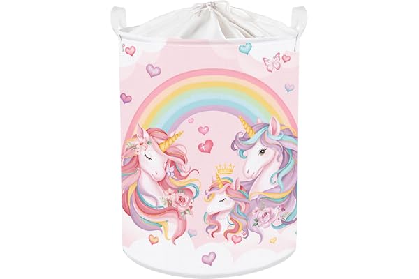 Clastyle Panier Rangement Bébé Arc-en-ciel Rose Corbeilles à Linge Sale Filles pour Vêtements Boite de Rangement Jouets pour Salle de Bain Chambre à Coucher, Arc-en-ciel, 36x45 cm