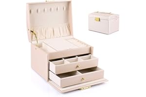 Aidodo Scatola Portagioie Donna, 3 Ripiani in Pelle PU, Creativo per Orecchini, Anello, Collana, con Serratura e Chiave (17x14x13cm, Rosa Nude)
