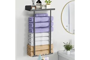 Ziamzra Wieszak na ręczniki, bez wiercenia, regał na ręczniki, do łazienki, wysuwany, 38-75 cm, samoprzylepny wieszak na ręczniki z półką na ręczniki, czarny, do łazienki, ściany, kuchni